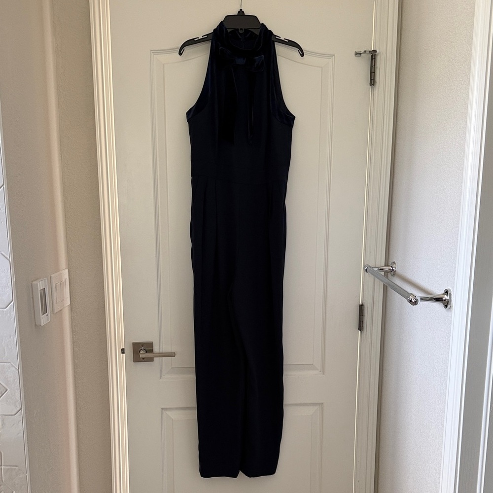 Sleeveless Navy Halter Jumpsuit with Velvet Neck Tie